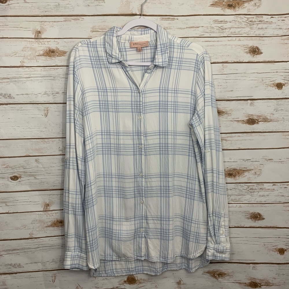 Philosophy Blue White Plaid Long Sleeve Button Top